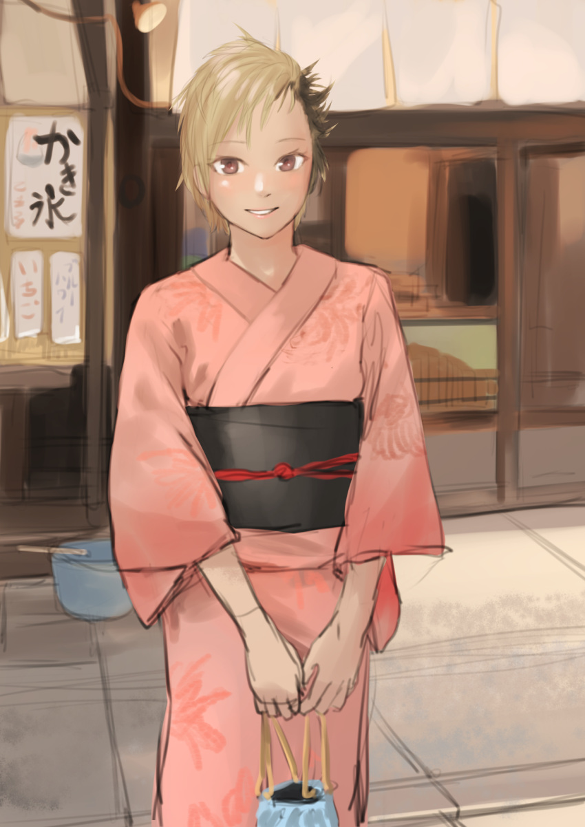 1girl black_sash blonde_hair brown_eyes buzz_cut highres japanese_clothes kilye_kairi kimono kinchaku long_sleeves looking_at_viewer original pink_kimono pouch sash short_hair smile solo standing very_short_hair