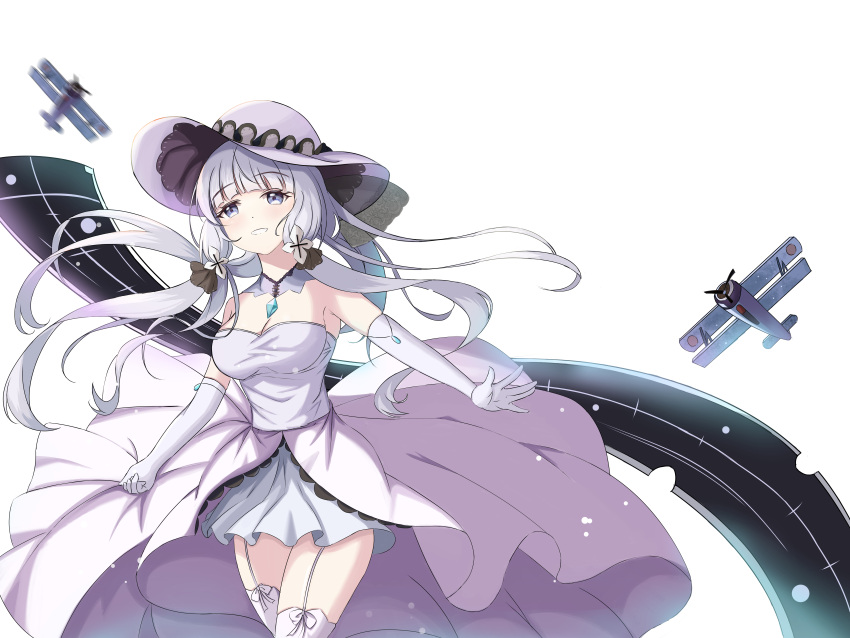 1girl absurdres aircraft airplane azur_lane bare_shoulders blue_eyes breasts clothes_lift dress dress_lift eyebrows_visible_through_hair hair_between_eyes hair_ornament hat highres illustrious_(azur_lane) jewelry large_breasts long_hair long_sleeves lzk necklace smile solo solo_focus thighs