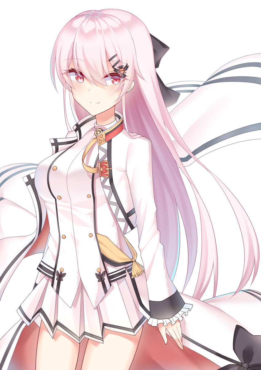 1girl absurdres alternate_hair_color bangs black_bow bow breasts cape chinese_commentary coat cowboy_shot eyebrows_visible_through_hair floating_cape girls_frontline hair_between_eyes hair_bow hair_ornament hairclip highres iws_2000_(girls_frontline) ji_nian long_hair long_sleeves looking_at_viewer medium_breasts military military_uniform overcoat pink_hair pleated_skirt red_eyes shirt simple_background skirt smile solo uniform white_background white_cape white_coat white_shirt white_skirt