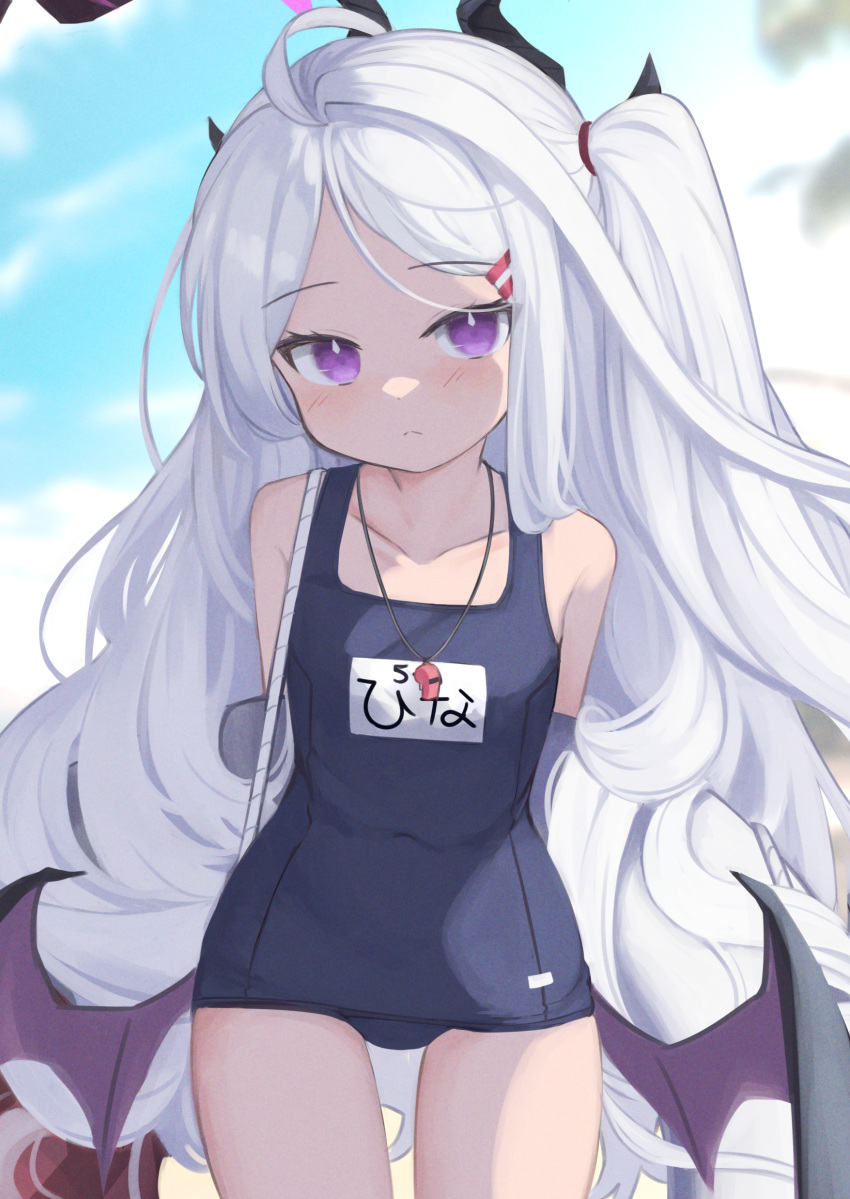 1girl absurdres ahoge black_horns blue_archive blush closed_mouth collarbone eyebrows_visible_through_hair flat_chest highres hina_(blue_archive) horns klaius long_hair looking_at_viewer low_wings multiple_horns school_swimsuit solo swimsuit very_long_hair violet_eyes whistle whistle_around_neck white_hair wings