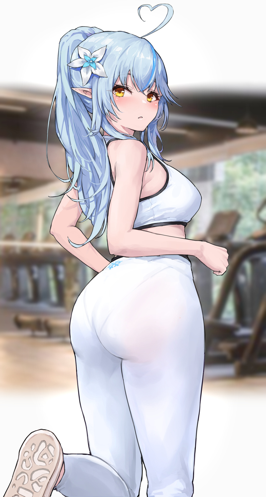 1girl absurdres ahoge ass bangs bare_arms bare_shoulders blue_hair blurry blurry_background blush breasts depth_of_field elf feet_out_of_frame from_behind gym heart_ahoge highres hololive indoors long_hair looking_at_viewer looking_back medium_breasts namake_(nmk44300) pants pantylines parted_lips pointy_ears ponytail shoe_soles sidelocks solo sports_bra standing standing_on_one_leg virtual_youtuber white_pants yellow_eyes yoga_pants yukihana_lamy