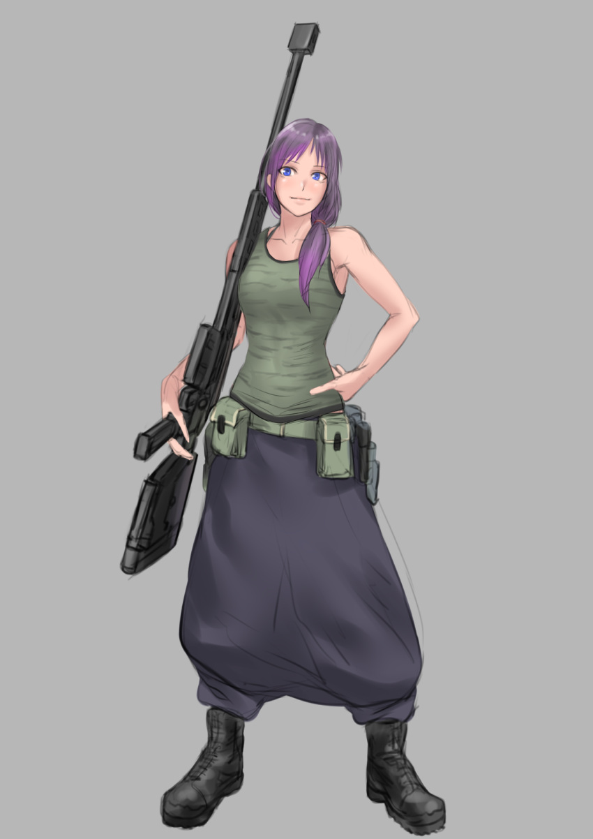 1girl ankle_boots anti-materiel_rifle bare_arms bare_shoulders belt belt_pouch black_footwear blue_eyes boots closed_mouth full_body gradient_hair green_shirt grey_background grey_pants gun hair_over_shoulder hand_on_hip highres holding holding_gun holding_weapon kilye_kairi looking_at_viewer multicolored_hair original pants pouch puffy_pants purple_hair rifle shirt simple_background sleeveless sleeveless_shirt smile sniper_rifle solo standing weapon