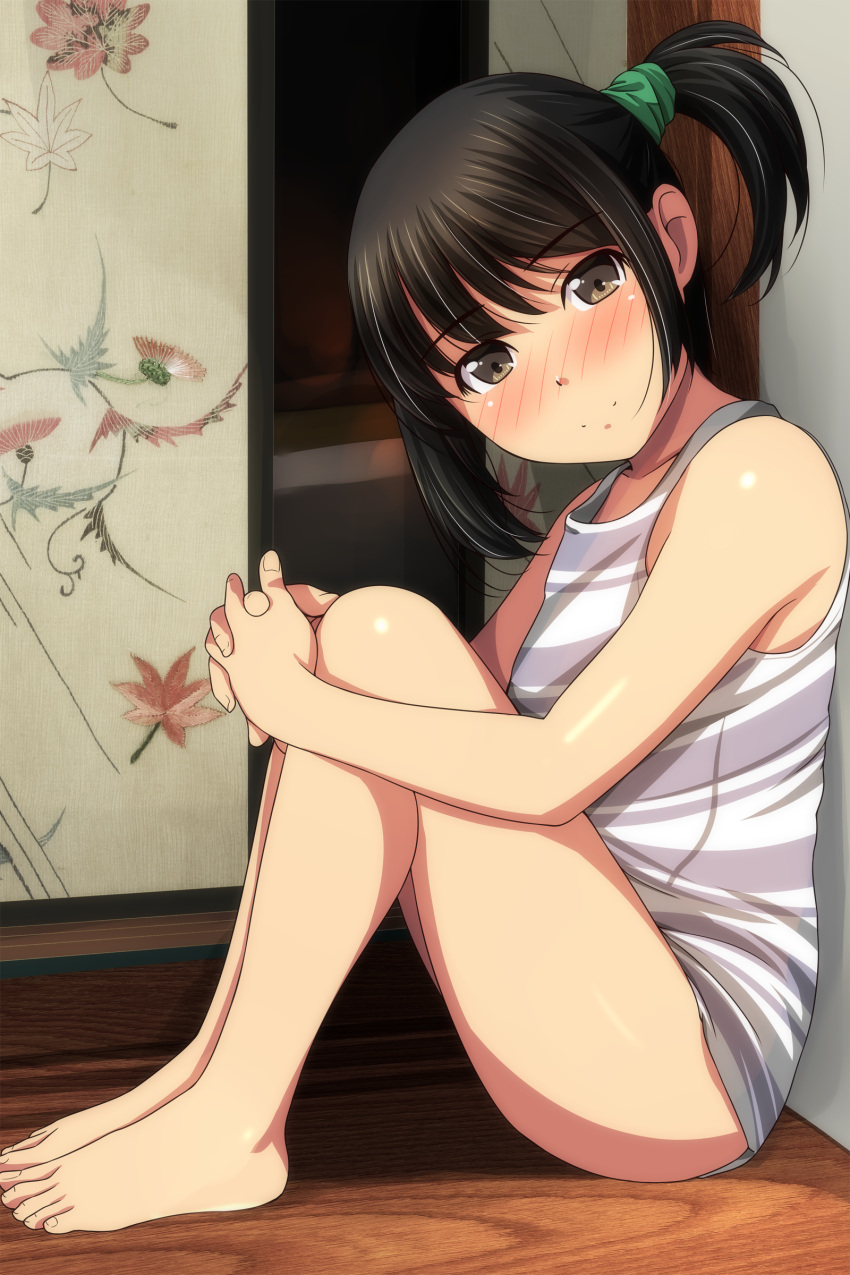 1girl absurdres bangs bare_arms bare_legs bare_shoulders barefoot black_hair blush brown_eyes camisole closed_mouth eyebrows_visible_through_hair highres indoors knees_up looking_at_viewer looking_to_the_side matsunaga_kouyou nose_blush on_floor original profile sitting smile solo striped striped_camisole twintails wooden_floor
