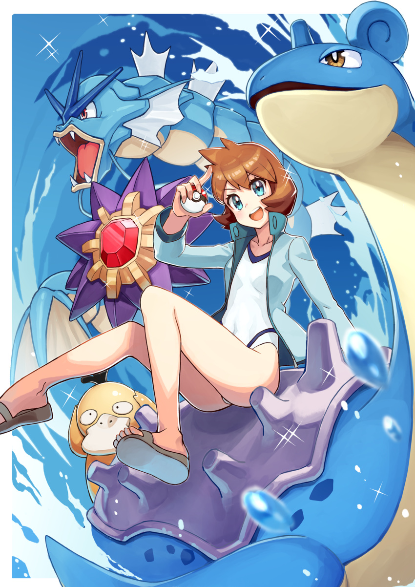 1girl :d bangs blue_eyes blurry brown_hair collarbone commentary_request covered_navel eyelashes gen_1_pokemon gyarados gym_leader highres holding holding_poke_ball inomata_konomu jacket lapras misty_(pokemon) one-piece_swimsuit open_clothes open_jacket open_mouth poke_ball poke_ball_(basic) pokemon pokemon_(creature) pokemon_(game) pokemon_hgss psyduck riding riding_pokemon sandals shiny shiny_hair short_hair smile sparkle starmie swimsuit toes tongue upper_teeth water water_drop white_swimsuit