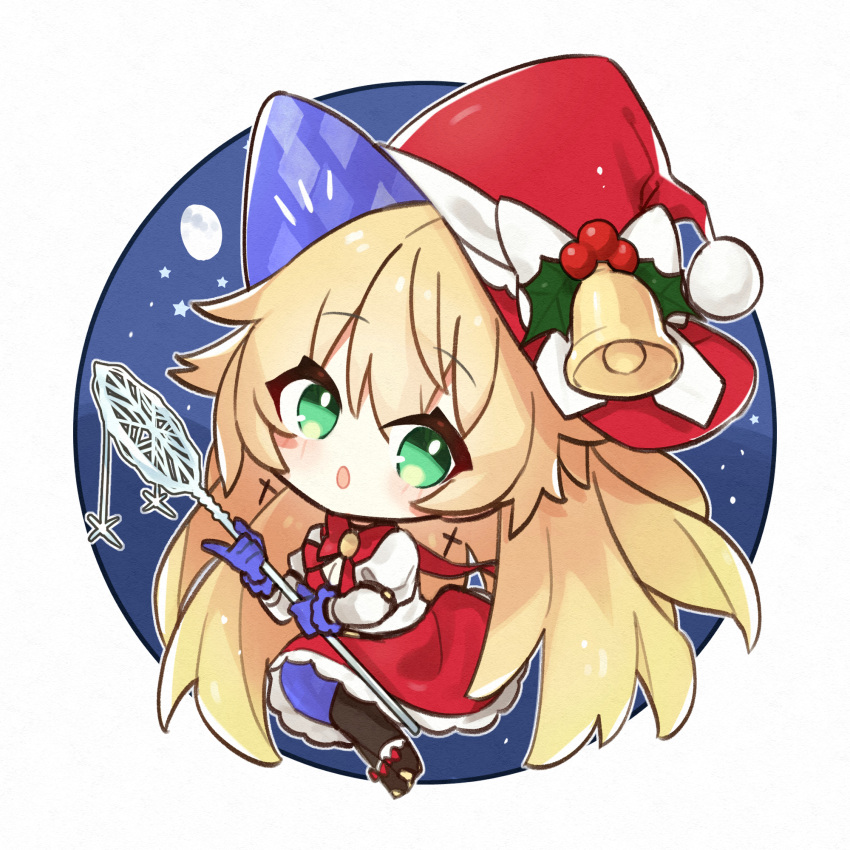 akutaa azur_lane bell blonde_hair chibi christmas earrings green_eyes hat highres holly holly_hat_ornament ice jewelry le_temeraire_(azur_lane) scepter wizard