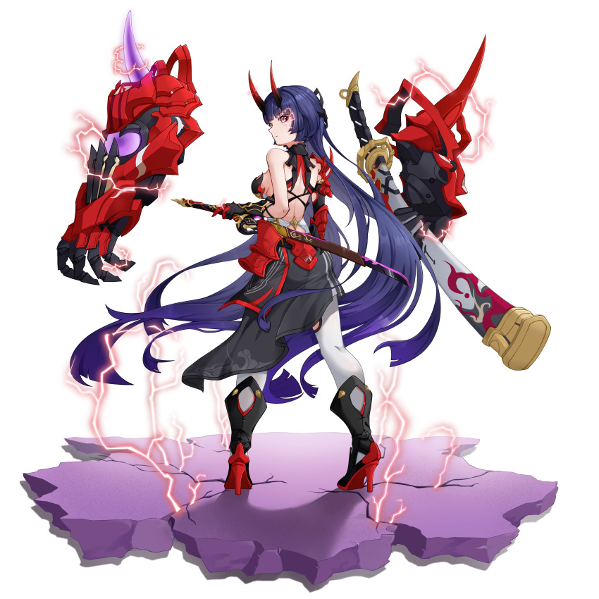 absurdres asymmetrical_sleeves back bangs bare_shoulders black_footwear black_gloves boots breasts closed_mouth disembodied_limb electricity floating floating_object full_body gloves hair_between_eyes highres holding holding_sword holding_weapon honkai_(series) honkai_impact_3rd horns katana leggings long_hair looking_at_viewer looking_back purple_hair qi_mayi_qu_kan_dahai raiden_mei raiden_mei_(herrscher_of_thunder) sheath sheathed sideboob simple_background sword uneven_sleeves very_long_hair violet_eyes weapon white_background white_legwear