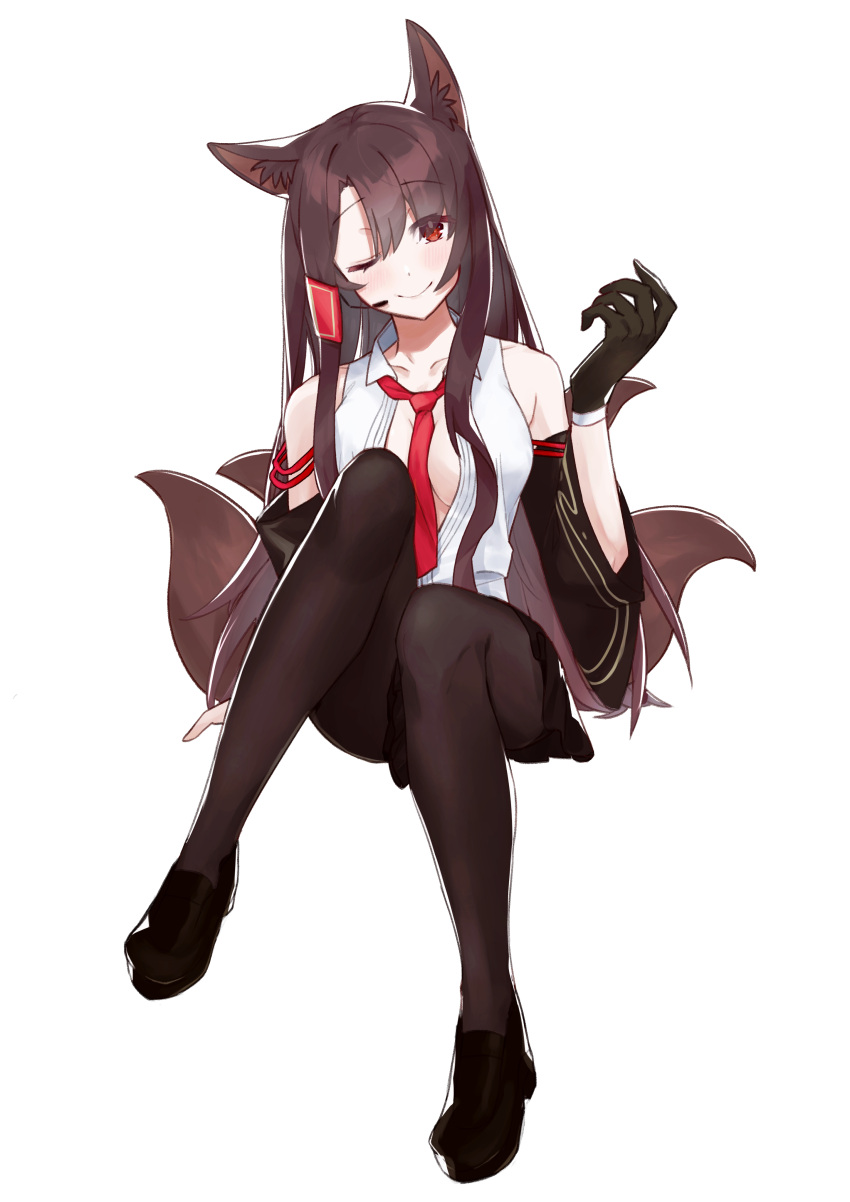 absurdres akagi_(azur_lane) akutaa alternate_costume animal_ears azur_lane black_footwear black_gloves brown_hair detached_sleeves fox_ears fox_tails gloves highres idol_clothes multiple_tails one_eye_closed open_clothes open_shirt pantyhose red_neckwear shirt smile tail white_shirt