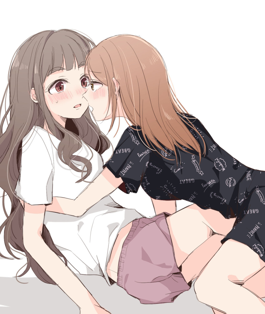 2girls azuko_(ampenm) blush brown_eyes brown_hair clothes_writing commentary_request eye_contact eyebrows_visible_through_hair highres houjou_karen idolmaster idolmaster_cinderella_girls imminent_kiss kamiya_nao light_brown_eyes light_brown_hair long_hair looking_at_another multiple_girls parted_lips shadow yuri
