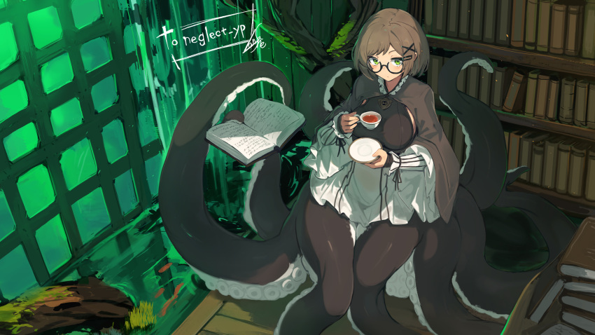 1girl bangs book book_stack bookshelf brown_hair commentary_request commission cup dress glasses green_eyes hair_ornament highres holding holding_book indoors lansane looking_at_viewer monster_girl open_book original scylla sitting skeb_commission solo teacup tentacles water white_dress