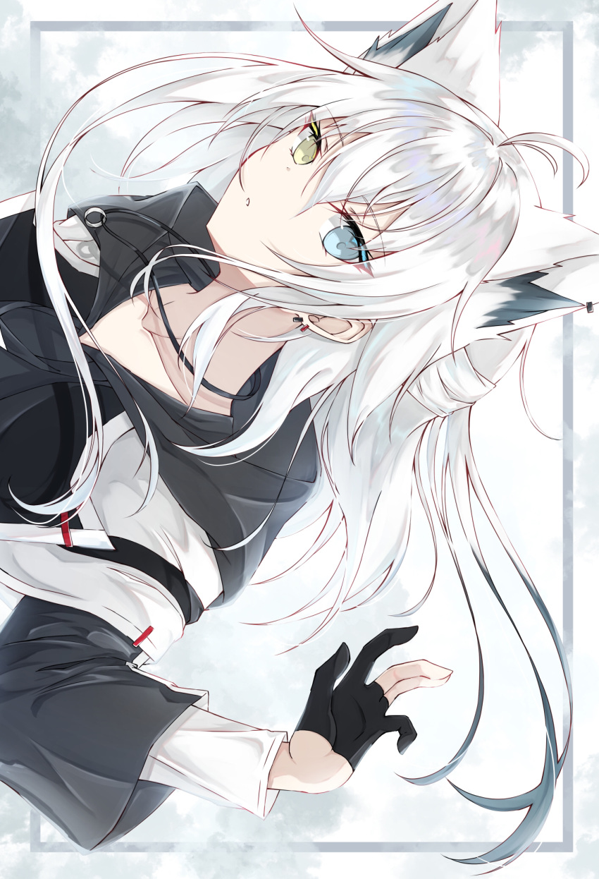 1girl ahoge animal_ears black_gloves blue_eyes dutch_angle expressionless gloves half_updo heterochromia highres hood hooded_jacket jacket jewelry looking_at_viewer necklace original parted_lips partially_fingerless_gloves sideways silver_hair solo sumishi_(sumisi_3) white_hair yellow_eyes