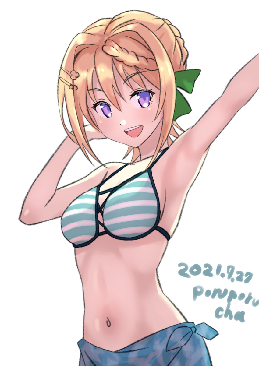 1girl arm_up armpits bangs bikini braid braided_bangs braided_bun breasts dated eyebrows_visible_through_hair green_ribbon hair_between_eyes hair_bun hair_ornament hair_ribbon hairclip highres kantai_collection medium_breasts one-hour_drawing_challenge open_mouth perth_(kancolle) porupurucha ribbon sarong signature simple_background solo striped striped_bikini swimsuit violet_eyes white_background