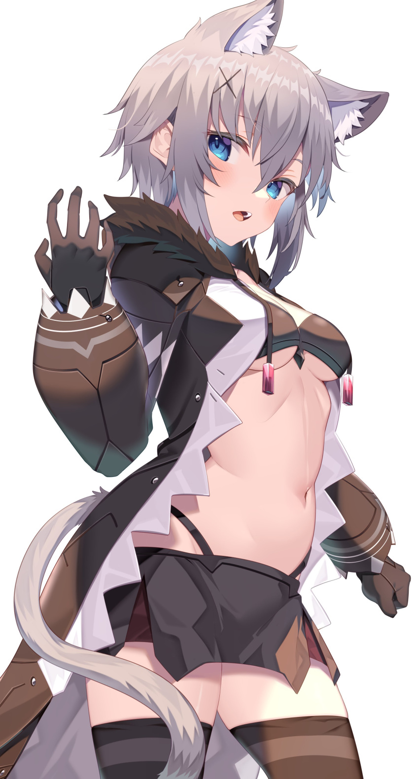 1girl absurdres animal_ears bikini bikini_top black_bikini black_coat black_gloves black_legwear black_skirt blue_eyes breasts cat_ears cat_girl cat_tail coat commission cowboy_shot extra_ears fur_trim gloves grey_hair hair_ornament hand_up highleg highleg_bikini highres jun_(aousa0328) long_sleeves looking_at_viewer medium_breasts midriff miniskirt navel open_clothes open_coat open_mouth original puffy_sleeves short_hair simple_background skeb_commission skirt solo standing stomach swimsuit tail thigh-highs white_background x_hair_ornament zettai_ryouiki