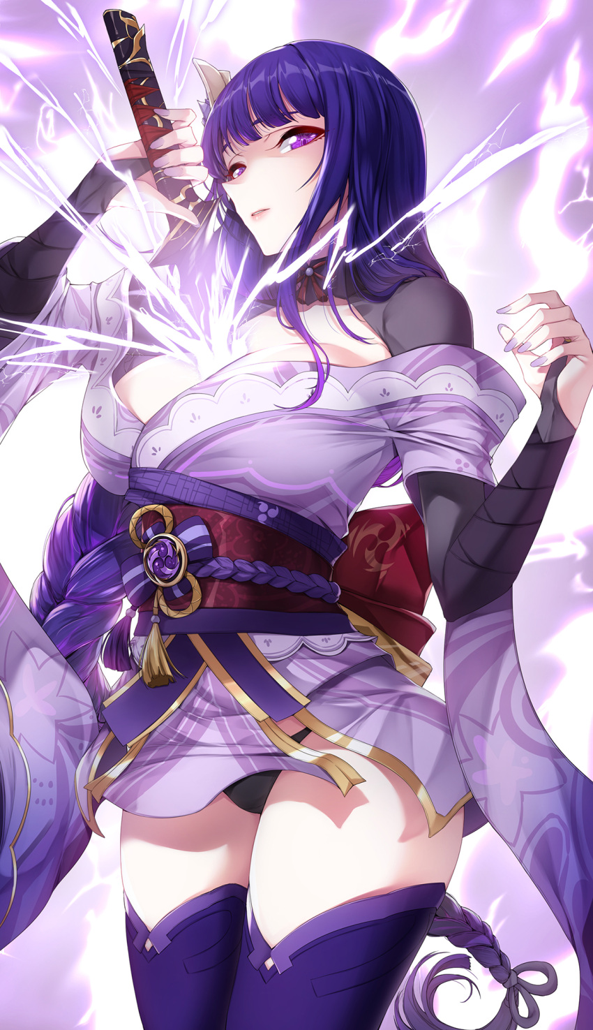 1girl akchu bangs black_panties breasts bridal_gauntlets cowboy_shot drawing_sword electricity genshin_impact highres holding holding_sword holding_weapon japanese_clothes kimono large_breasts lips long_braid long_hair looking_at_viewer obi panties panty_peek purple_hair raiden_(genshin_impact) sash solo sword sword_between_breasts thigh-highs underwear very_long_hair violet_eyes weapon