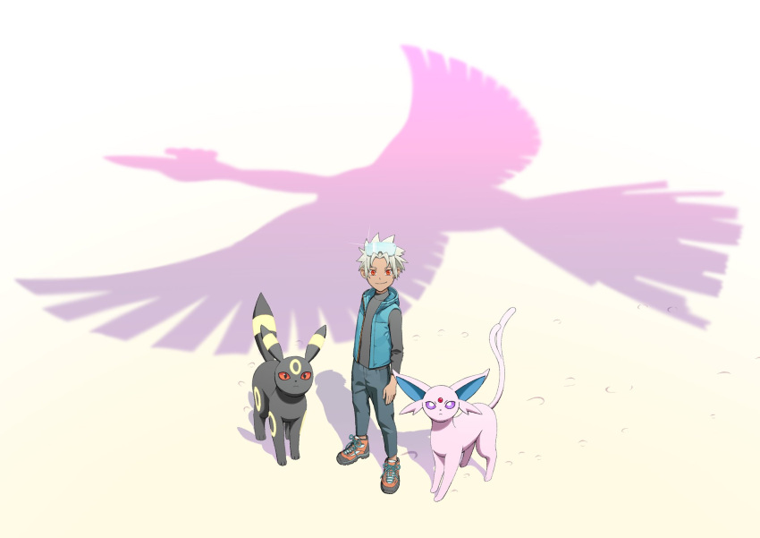 1boy alternate_costume arm_at_side blue_jacket closed_mouth commentary_request dark-skinned_male dark_skin espeon gen_2_pokemon glint grey_hair grey_shirt highres ho-oh jacket komepan legendary_pokemon looking_at_viewer looking_up male_focus orange_eyes orange_footwear pants pokemon pokemon_(game) pokemon_colosseum shirt shoes short_hair sleeveless sleeveless_jacket smile sneakers spiky_hair standing umbreon visor wes_(pokemon)