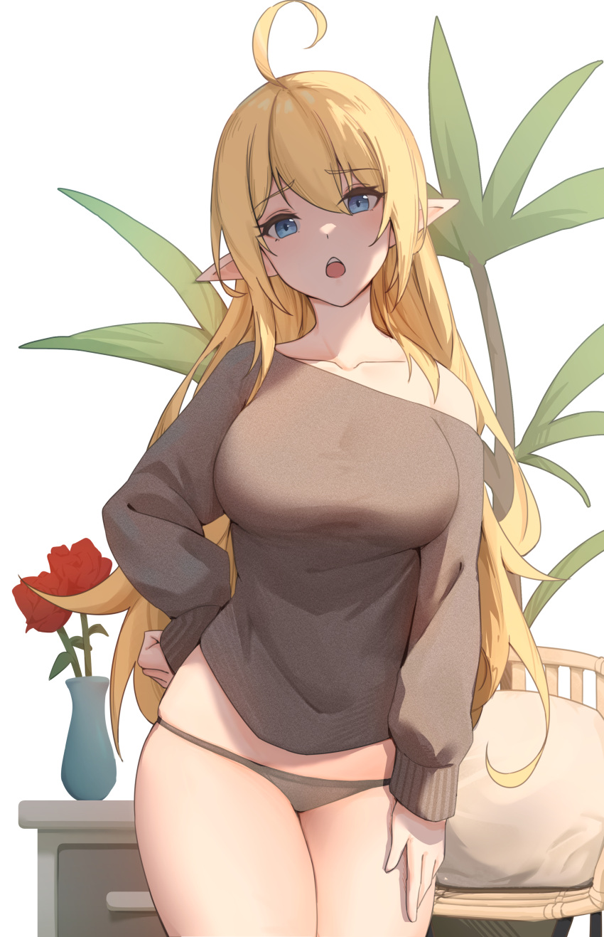 1girl absurdres ahoge bangs black_panties black_sweater blonde_hair blue_eyes blush breasts chair collarbone cowboy_shot elach elf eyebrows_visible_through_hair flower hand_on_hip hand_on_own_thigh highres large_breasts long_hair long_sleeves off_shoulder open_mouth original panties pillow pointy_ears red_flower red_rose rose simple_background single_bare_shoulder solo sweater underwear vase very_long_hair white_background