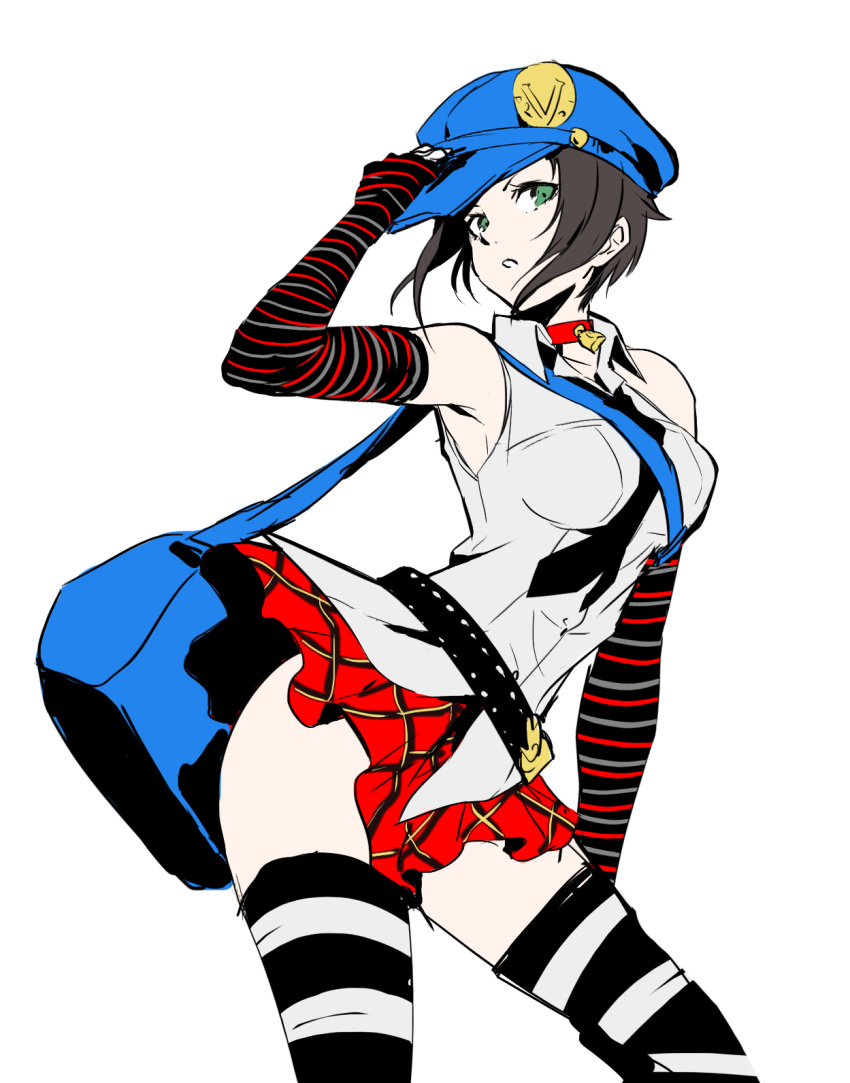 1girl baseball_cap black_neckwear black_sleeves blue_headwear breasts brown_hair choker collarbone collared_shirt contrapposto detached_sleeves dress_shirt floating_hair green_eyes hat highres igusaharu large_breasts long_sleeves looking_at_viewer marie_(persona_4) miniskirt necktie persona persona_4 persona_4_the_golden plaid plaid_skirt pleated_skirt red_choker shirt short_hair simple_background sketch skirt sleeveless sleeveless_shirt solo striped striped_legwear striped_sleeves thigh-highs white_background white_shirt wing_collar