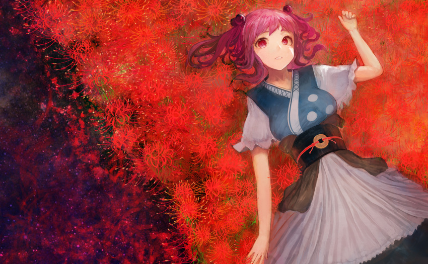 1girl apron arm_up bangs blue_kimono blue_skirt breasts brown_sash coin coin_on_string field flower flower_field hair_bobbles hair_ornament highres japanese_clothes kimono large_breasts long_skirt lying matumasima obi on_back onozuka_komachi outstretched_hand parted_lips red_eyes red_flower redhead sash short_hair short_sleeves skirt sleeveless sleeveless_kimono solo spider_lily touhou two_side_up white_apron
