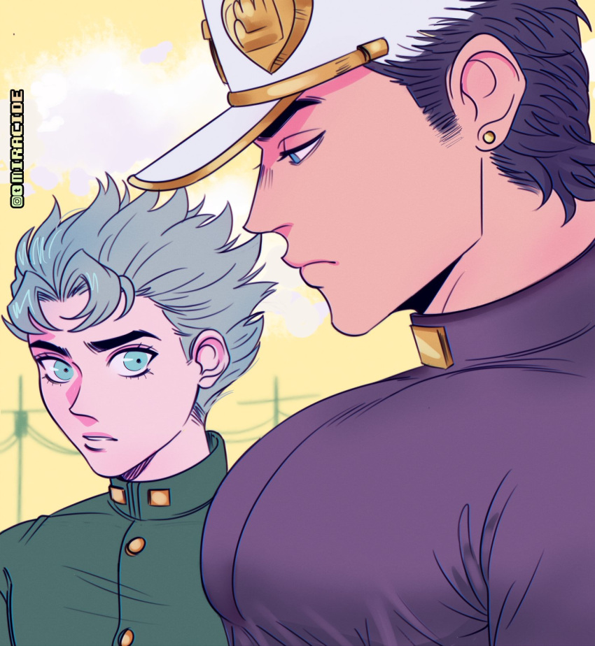 2boys black_hair blue_eyes diamond_wa_kudakenai ear_piercing from_side hat highres hirose_koichi jojo_no_kimyou_na_bouken kujo_jotaro looking_at_another male_cleavage male_focus meme miracide multiple_boys muscle_envy muscular muscular_male pectoral_envy_(meme) pectorals piercing short_hair upper_body