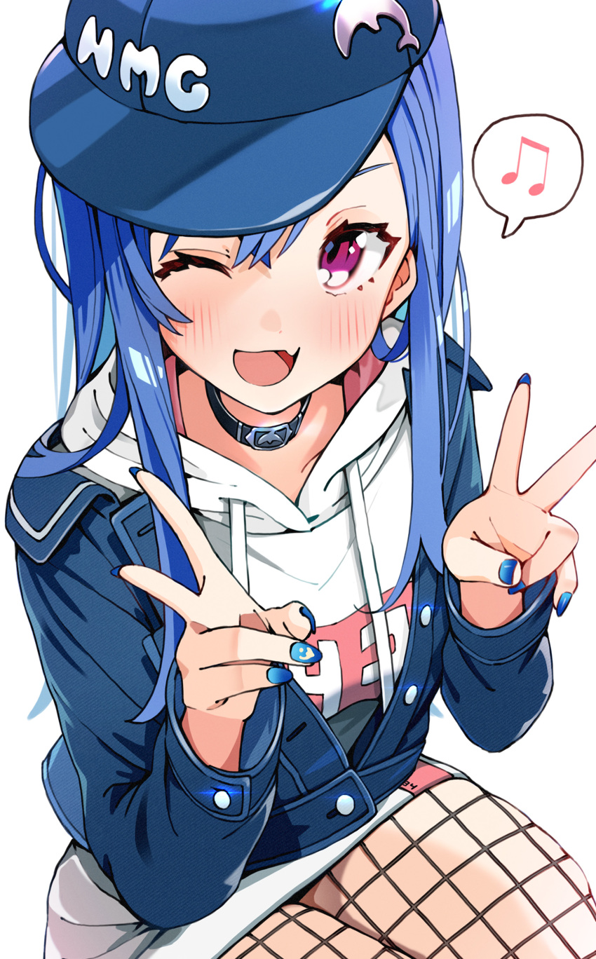1girl ;d absurdres black_collar blue_hair blue_headwear blue_jacket blue_nails blush collar commentary_request double_v fang fingernails fishnet_legwear fishnets hat highres jacket long_hair long_sleeves looking_at_viewer musical_note nail_polish nijisanji nishizono_chigusa one_eye_closed open_mouth simple_background sitting skin_fang smile solo spoken_musical_note thighs v violet_eyes virtual_youtuber white_background yuki_kamakura