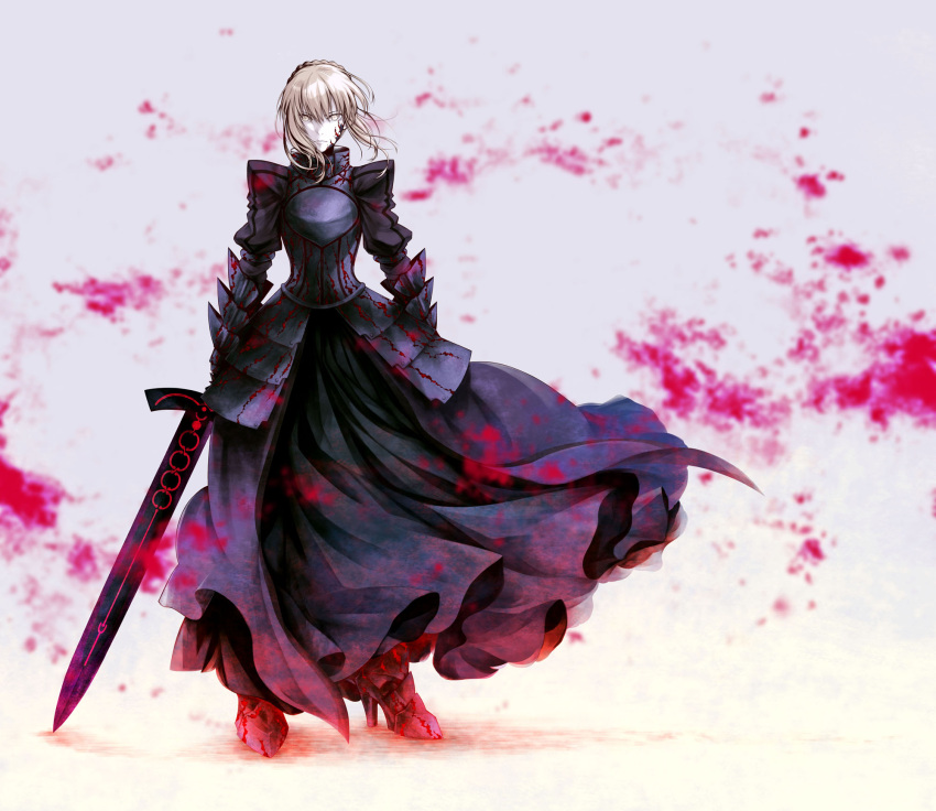 1girl armor armored_boots armored_dress artoria_pendragon_(all) black_dress blurry blurry_background boots braid closed_mouth dress excalibur_morgan_(fate) fate/stay_night fate_(series) floating_hair frown full_body gauntlets grey_background hair_between_eyes high_heel_boots high_heels highres holding holding_sword holding_weapon long_dress looking_at_viewer medium_hair no_mae_(mikakatachi) saber_alter silver_hair solo standing sword weapon yellow_eyes