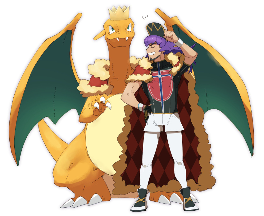1boy argyle arm_up baseball_cap cape champion_uniform charizard claws closed_eyes closed_mouth crown dark-skinned_male dark_skin dynamax_band facial_hair fangs fangs_out fur-trimmed_cape fur_trim gen_1_pokemon gloves grin hand_on_hip hat hatted_pokemon highres leggings leon_(pokemon) long_hair male_focus morio_(poke_orio) partially_fingerless_gloves pokemon pokemon_(creature) pokemon_(game) pokemon_swsh purple_hair red_cape shield_print shirt shoes short_shorts short_sleeves shorts simple_background single_glove smile standing sword_print teeth white_background white_legwear white_shorts wristband