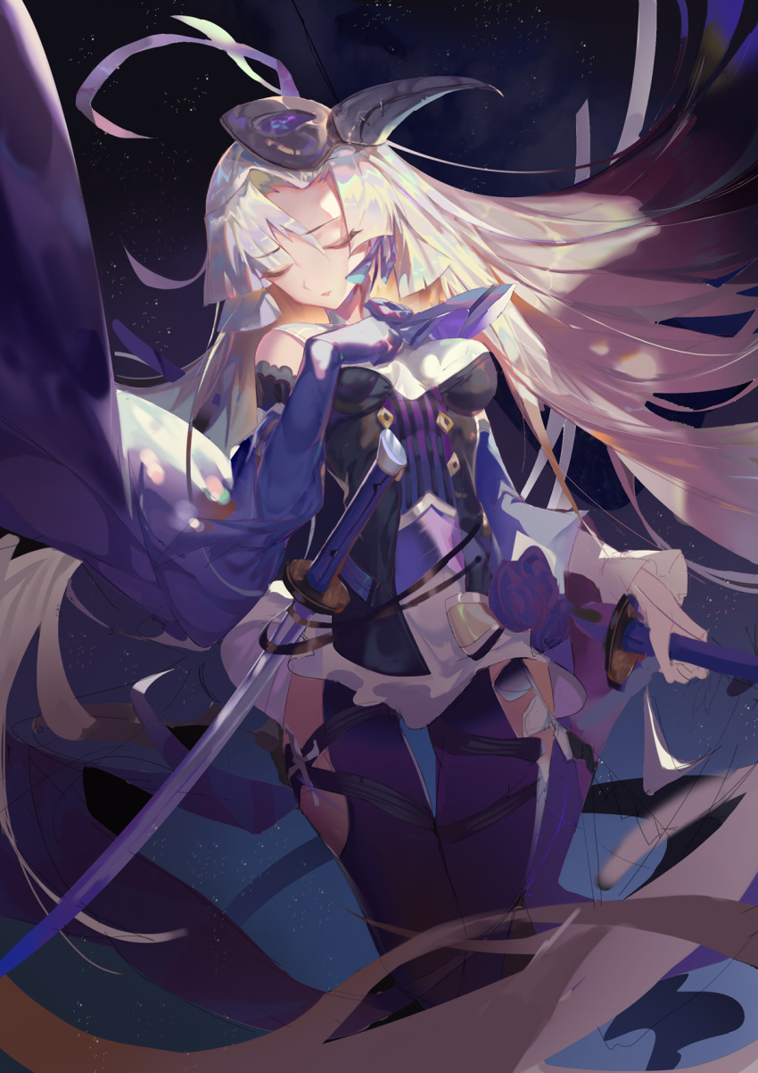 1girl antenna_hair bangs bare_shoulders breasts closed_eyes closed_mouth gloves hair_between_eyes hand_on_own_chest highres holding holding_sword holding_weapon honkai_(series) honkai_impact_3rd kallen_kaslana kallen_kaslana_(sixth_serenade) katana leggings long_hair long_sleeves mask purple_gloves purple_legwear rabbit_(tukenitian) solo sword weapon white_hair