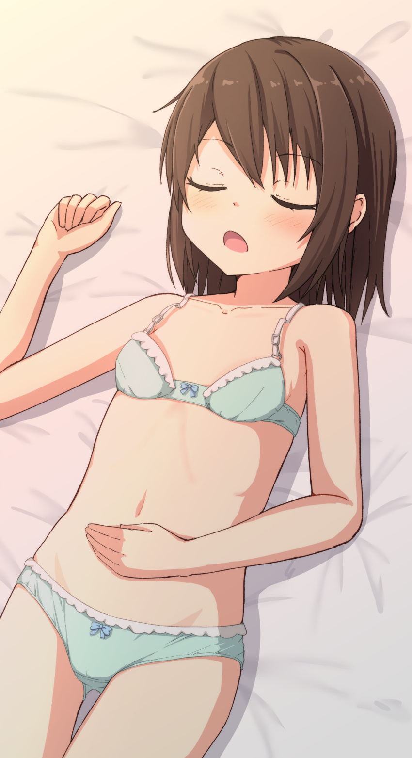 1girl ass_visible_through_thighs bangs bare_arms bare_shoulders bed_sheet blush bow bow_bra bow_panties bra breasts brown_hair closed_eyes collarbone commentary_request eyebrows_visible_through_hair green_bra green_panties hand_on_own_stomach hand_up highres hippo_(hirople) lying navel on_back open_mouth original panties small_breasts solo thigh_gap underwear underwear_only