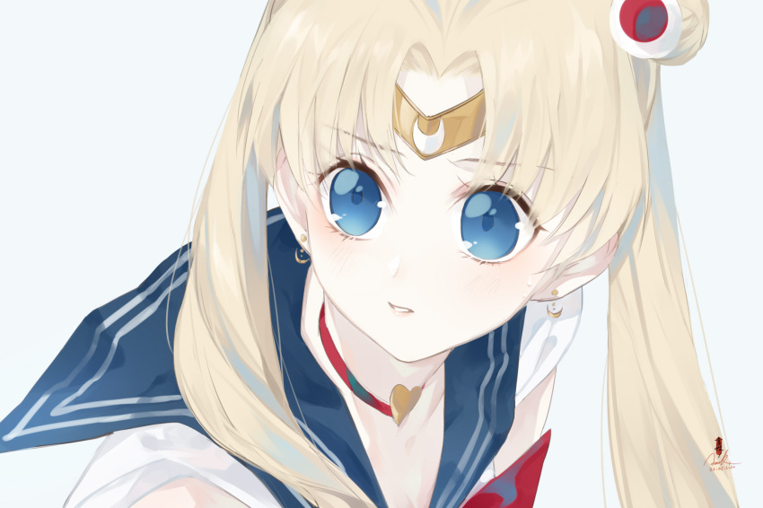 1girl 243727191 bangs bishoujo_senshi_sailor_moon blonde_hair blue_eyes blue_sailor_collar blush choker crescent crescent_earrings derivative_work diadem earrings hair_over_shoulder heart heart_choker highres jewelry long_hair parted_bangs parted_lips red_choker sailor_collar sailor_moon sailor_moon_redraw_challenge sailor_senshi_uniform screencap_redraw simple_background solo tsukino_usagi twintails upper_body white_background