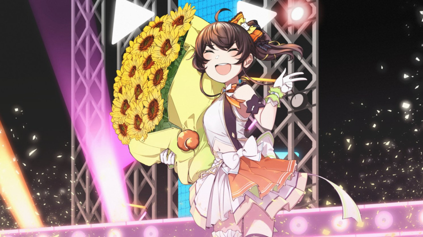 1girl ahoge bouquet bow breasts brown_hair cat_hair_ornament closed_eyes commentary_request cowboy_shot flower gloves hair_bow hair_ornament hololive hololive_idol_uniform miniskirt natsuiro_matsuri navel open_mouth pleated_skirt round_teeth side_ponytail skirt small_breasts smile solo stage sunflower teeth tenbin_gashira v virtual_youtuber white_gloves wrist_cuffs
