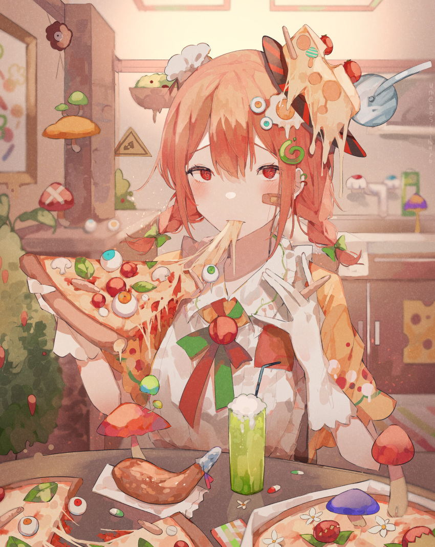 1girl absurdres bandaid bandaid_on_cheek bow braid cheese chicken_(food) chicken_leg drinking_straw eating egg_hair_ornament eyeball food food-themed_hair_ornament gloves green_bow hair_bow hair_ornament hat highres holding holding_finger holding_food holding_pizza huge_filesize indoors low_twintails medium_hair melting mushroom orange_hair original pill pizza pizza_cutter red_eyes severed_finger sink solo table twintails umemaro_(siona0908) white_gloves