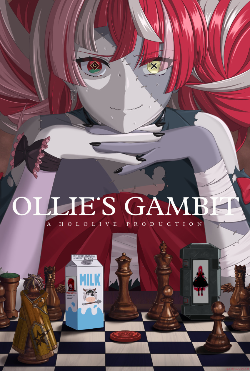 1girl astel_leda bandaged_arm bandages black_nails board_game checkers_piece chess chess_piece chessboard colored_skin double_bun dress earrings gardavwar green_eyes grey_hair grey_skin heterochromia highres hololive hololive_indonesia holostars jewelry kureiji_ollie milk_carton mismatched_pupils multicolored multicolored_eyes multicolored_hair olivia_(kureiji_ollie) parody pop_tab red_eyes redhead shirogane_noel smile solo stitches sweat the_queen's_gambit torn_clothes torn_dress upper_body virtual_youtuber wavy_mouth yellow_eyes zombie