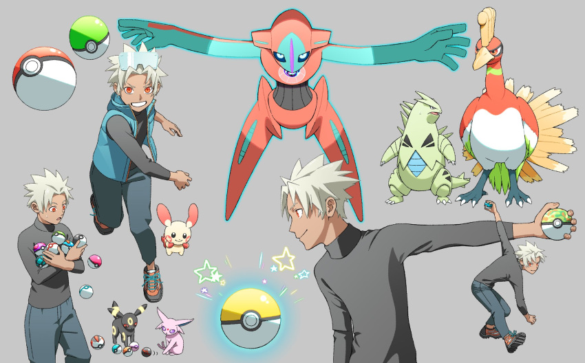 1boy alternate_costume bangs closed_mouth commentary_request deoxys deoxys_(normal) espeon gen_2_pokemon gen_3_pokemon great_ball grey_background grey_hair grey_shirt grin highres ho-oh holding holding_poke_ball jacket legendary_pokemon male_focus master_ball multiple_views mythical_pokemon nest_ball net_ball orange_eyes outstretched_arm parted_bangs plusle poke_ball pokemon pokemon_(creature) pokemon_(game) pokemon_colosseum premier_ball shirt shoes short_hair simple_background sleeveless sleeveless_jacket smile sneakers spiky_hair standing star_(symbol) sweatdrop teeth timer_ball tyranitar umbreon wes_(pokemon)