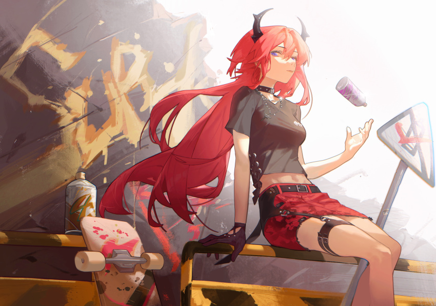 absurdres arknights belt choker crop_top cross gloves graffiti highres horns long_hair looking_at_viewer redhead sign sitting skateboard skirt slit_pupils spray_can surtr_(arknights) surtr_(liberte_echec)_(arknights) violet_eyes wushier