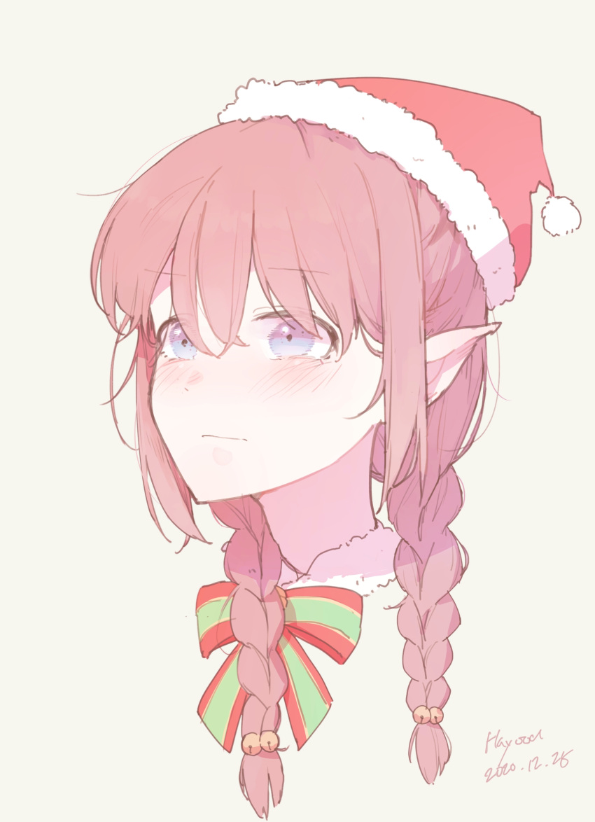 1girl bangs bell blue_eyes blush bow braid brown_hair closed_mouth commentary_request cropped_torso dated eyebrows_visible_through_hair fur-trimmed_collar green_bow grey_background hair_bell hair_between_eyes hair_ornament hat hayoou02 highres korean_commentary long_hair looking_away original pointy_ears portrait red_bow santa_hat signature simple_background solo twin_braids