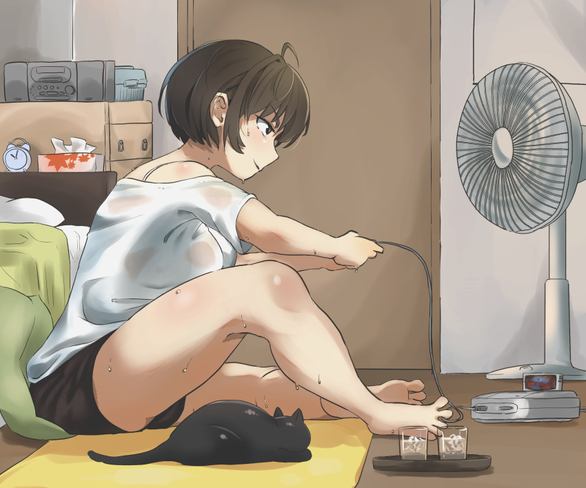 1girl absurdres ahoge alarm_clock bangs barefoot bed bed_sheet bedroom black_cat bob_cut bra brown_eyes brown_hair cat clock commentary controller cup door drinking_glass electric_fan from_side game_console game_controller highres holding holding_controller holding_game_controller ice knee_up koi0910 looking_ahead off_shoulder on_floor original pillow playing_games see-through shirt short_hair sitting stereo super_famicom sweat thighs tissue_box tray underwear wet wet_clothes wet_shirt white_bra