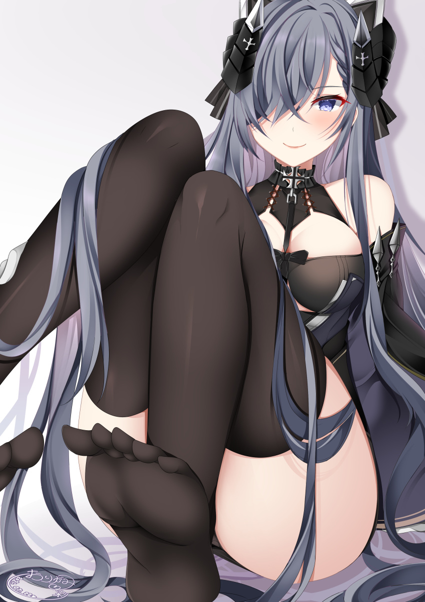1girl absurdres august_von_parseval_(azur_lane) azur_lane breast_curtains breasts clothing_cutout commission curled_horns detached_sleeves eyebrows_visible_through_hair gradient gradient_background grey_background hair_over_one_eye highres horns iron_cross large_breasts long_hair looking_at_viewer mechanical_horns one_eye_covered origami_aya signature sitting skeb_commission solo underboob_cutout very_long_hair wide_sleeves