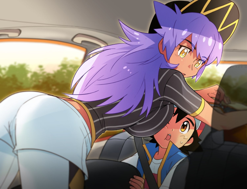 1boy 1girl ash_ketchum bangs baseball_cap bent_over black_hair blue_jacket breasts bright_pupils brown_eyes car_interior champion_uniform cheek_squash commentary_request dark-skinned_female dark_skin day dododo_dadada genderswap genderswap_(mtf) hat holding jacket leggings leon_(pokemon) long_hair looking_to_the_side looking_up open_mouth pokemon pokemon_(anime) pokemon_swsh_(anime) purple_hair red_headwear seatbelt shirt short_hair short_shorts short_sleeves shorts sleeveless sleeveless_jacket t-shirt tongue upper_teeth white_legwear white_pupils white_shirt white_shorts window yellow_eyes