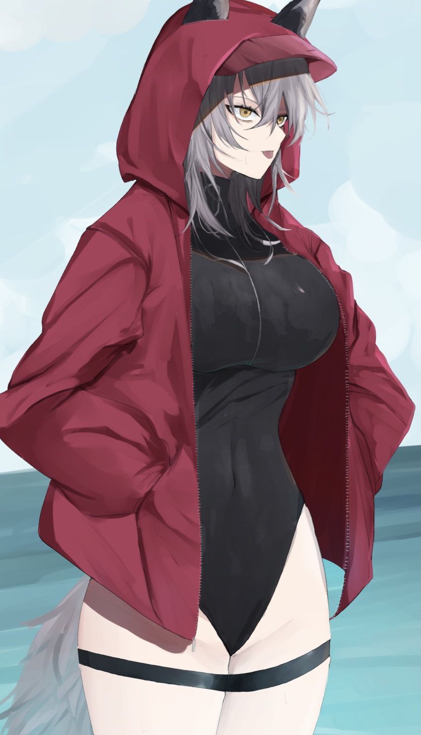 1girl :p absurdres animal_ears arknights black_swimsuit blue_sky breasts commentary covered_navel cowboy_shot day grey_eyes grey_hair hands_in_pockets highres hood hooded_jacket jacket kyousuzu large_breasts long_sleeves one-piece_swimsuit open_clothes open_jacket outdoors projekt_red_(arknights) projekt_red_(light_breeze)_(arknights) short_hair sky solo standing swimsuit tail thigh_strap thighs tongue tongue_out water wolf_ears wolf_tail