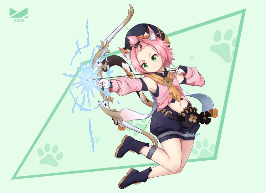 1girl animal_ears armpits arrow_(projectile) bangs_pinned_back black_footwear black_shorts boots bow_(weapon) cat_ears cat_girl cat_tail commentary_request detached_sleeves diona_(genshin_impact) fighting_stance genshin_impact gloves green_background green_eyes hair_ribbon hat highres holding holding_arrow holding_bow_(weapon) holding_weapon looking_away luxuriou_s navel paw_print pink_hair ribbon short_hair shorts sidelocks simple_background smile solo string tail thick_eyebrows v-shaped_eyebrows weapon white_gloves