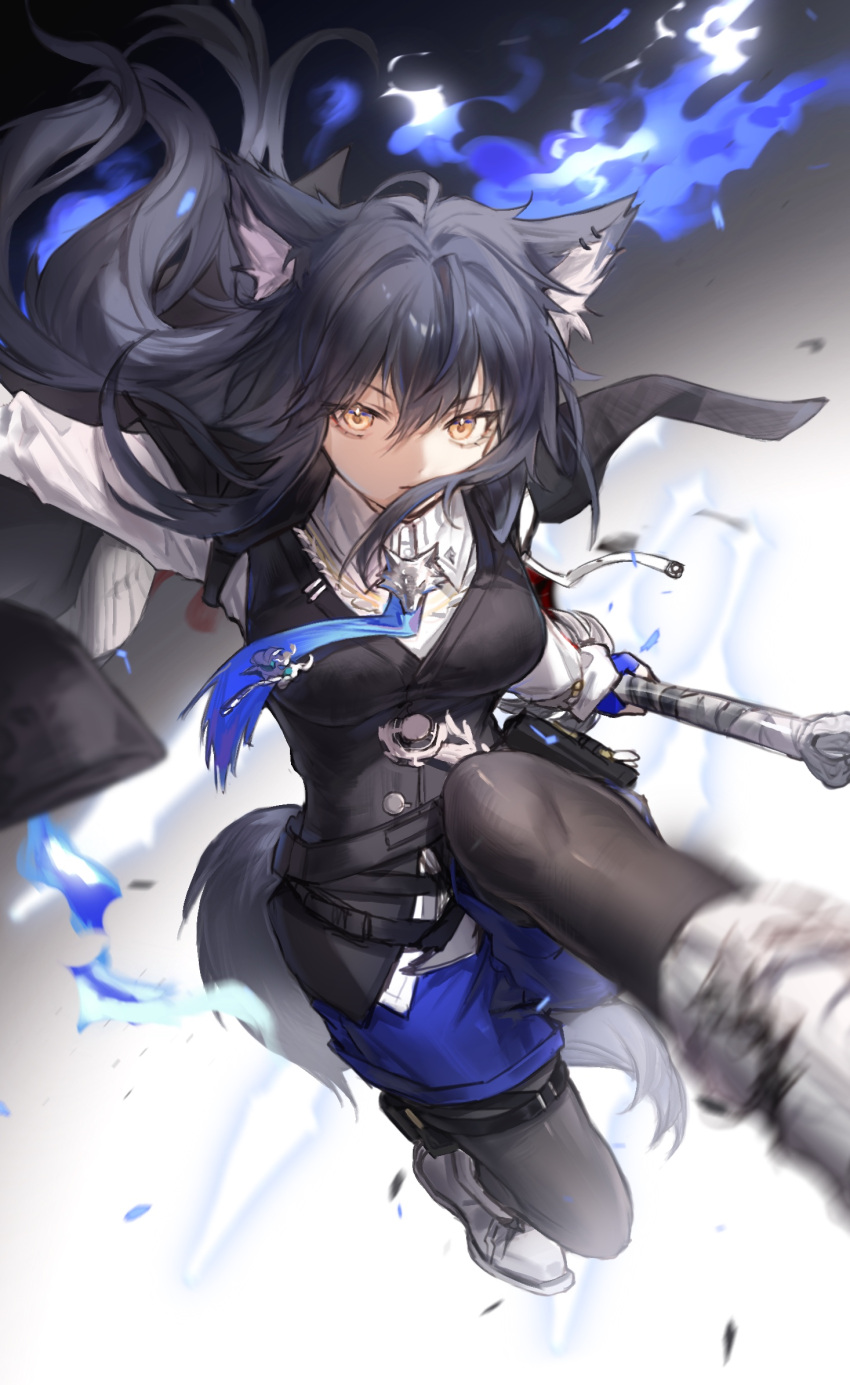 1girl animal_ears arknights black_cape black_hair black_pantyhose black_vest blue_fire blue_gloves blue_necktie boots cape closed_mouth commentary_request expressionless fire foreshortening full_body gloves highres holding holding_sword holding_weapon knee_up long_hair long_sleeves looking_at_viewer necktie orange_eyes pantyhose pantyhose_under_shorts shirt shorts solo sword tail texas_(arknights) texas_the_omertosa_(arknights) vest weapon white_footwear white_shirt wolf_ears wolf_girl wolf_tail yipingtaopuzi