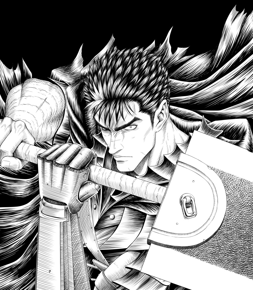1boy absurdres amputee berserk black_hair dragonslayer_(sword) fighting_stance glaring greyscale guts_(berserk) highres holding holding_sword holding_weapon huge_weapon looking_at_viewer male_focus monochrome multicolored_hair official_style short_hair sinichi_okazaki solo streaked_hair sword thick_eyebrows weapon
