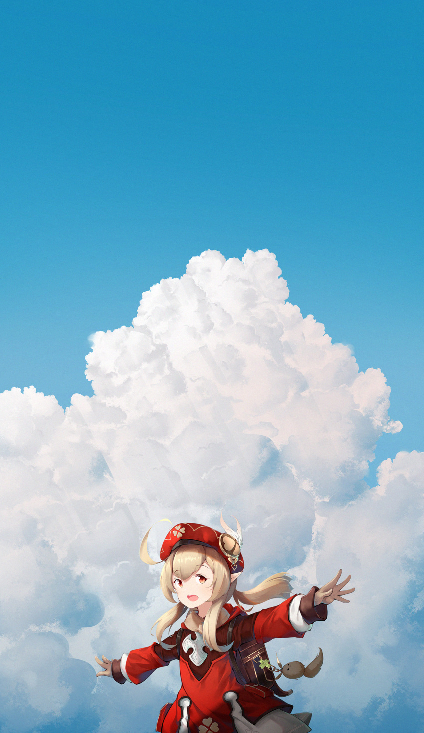 1girl :d absurdres ahoge backpack bag bag_charm bangs blue_sky brown_gloves brown_scarf cabbie_hat charm_(object) clouds cloudy_sky clover_print coat commentary_request dodoco_(genshin_impact) eyebrows_visible_through_hair genshin_impact gloves hair_between_eyes hat hat_feather hat_ornament highres klee_(genshin_impact) light_brown_hair long_hair long_sleeves looking_at_viewer low_twintails open_mouth orange_eyes outstretched_arms pocket pointy_ears randoseru red_coat red_headwear scarf sidelocks sin. sky smile solo spread_arms twintails wind