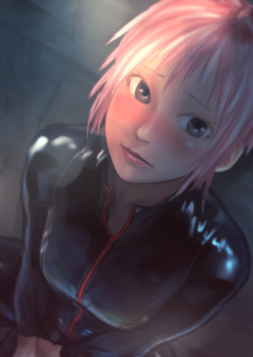 1girl black_bodysuit blush bodysuit dark grey_eyes highres kilye_kairi latex latex_bodysuit lipstick long_sleeves looking_at_viewer makeup original parted_lips pink_hair pink_lips sitting skin_tight solo