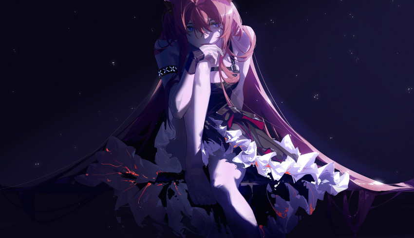 1girl absurdres arknights armband bare_arms bare_shoulders chest_strap commentary_request demon_girl demon_horns dress foot_out_of_frame highres horns infection_monitor_(arknights) knee_up kneehighs long_hair looking_at_viewer redhead sitting solo surtr_(arknights) very_long_hair violet_eyes wristband wushier