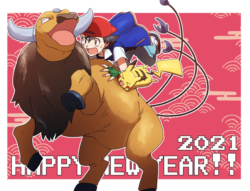 1boy 2021 ash_ketchum backwards_hat bangs baseball_cap blue_jacket commentary_request fingerless_gloves gen_1_pokemon gloves green_gloves happy_new_year hat jacket male_focus morio_(poke_orio) new_year open_mouth outline pants pikachu pokemon pokemon_(anime) pokemon_(classic_anime) pokemon_(creature) red_headwear riding riding_pokemon shoes short_hair short_sleeves spiky_hair sweatdrop tauros tongue