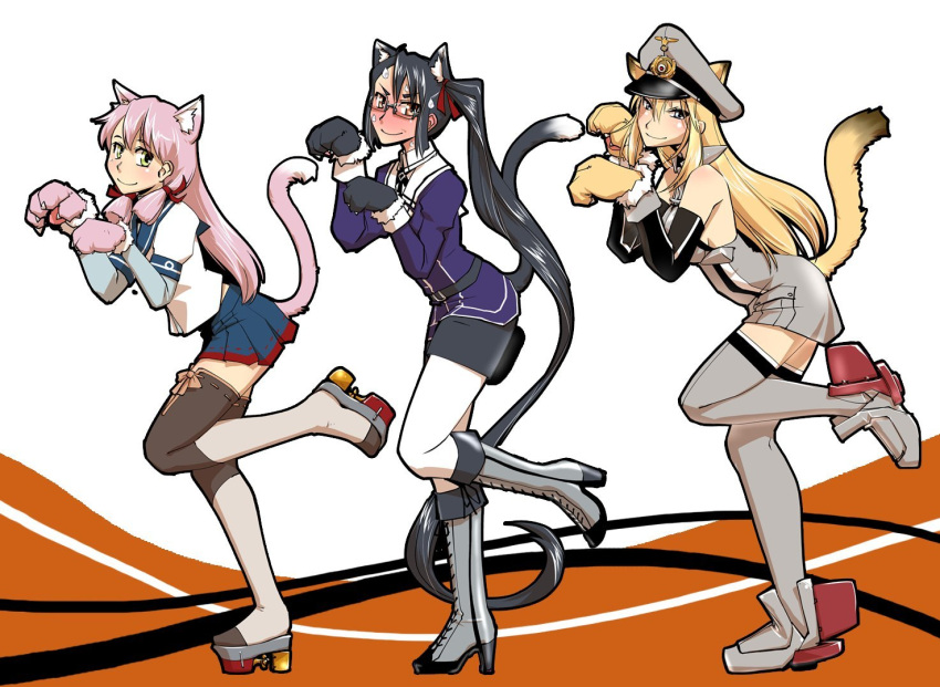 3girls absurdly_long_hair akashi_(kancolle) animal_ears bismarck_(kancolle) black_hair black_skirt blonde_hair blue_eyes blue_sailor_collar blue_skirt blunt_tresses brown_eyes cat_ears cat_tail detached_sleeves fake_animal_ears full_body gloves green_eyes grey_headwear grey_legwear hair_ribbon hat kamotama kantai_collection leaning_forward long_hair long_sleeves military military_uniform multiple_girls nachi_(kancolle) pantyhose paw_gloves paw_pose paws peaked_cap pencil_skirt pink_hair platform_footwear pleated_skirt remodel_(kantai_collection) ribbon rudder_footwear sailor_collar school_uniform serafuku side_ponytail skirt standing tail thigh-highs tress_ribbon uniform very_long_hair white_gloves white_legwear