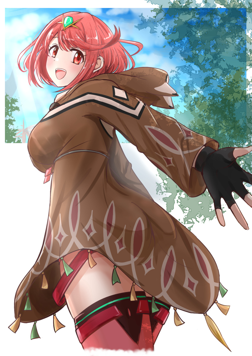 1girl bangs disguised_pyra_(xenoblade) earrings fingerless_gloves gloves highres jewelry pyra_(xenoblade) red_eyes red_shorts redhead shikamax2 short_hair short_shorts shorts solo swept_bangs xenoblade_chronicles_(series) xenoblade_chronicles_2