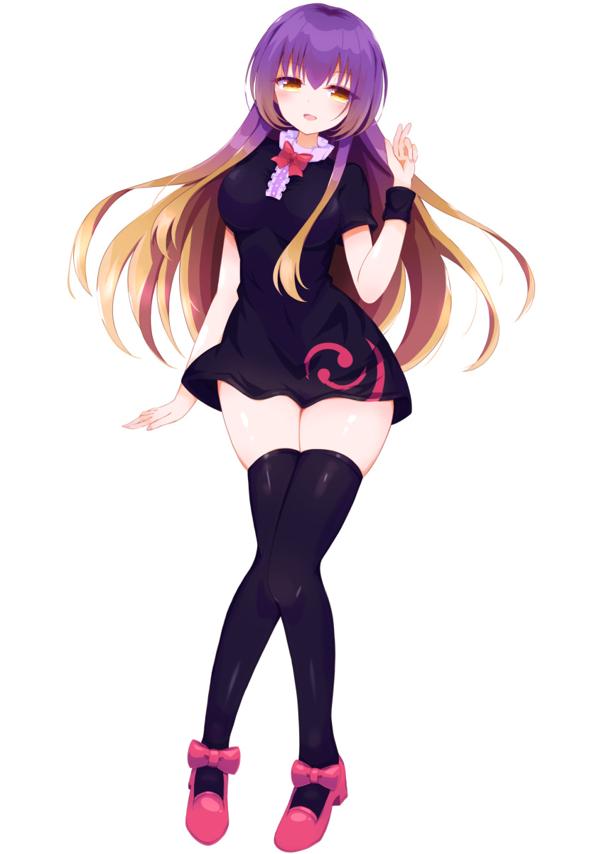 1girl arm_at_side bangs black_dress black_legwear blonde_hair blush bow bowtie breasts brown_hair cosplay dress floating_hair full_body gradient_eyes gradient_hair hair_between_eyes hand_up happy head_tilt highres hijiri_byakuren hip_focus houjuu_nue houjuu_nue_(cosplay) impossible_clothes impossible_dress looking_at_viewer mary_janes medium_breasts multicolored multicolored_eyes multicolored_hair open_mouth pose purple_hair red_footwear red_neckwear shiny shiny_clothes shiny_skin shoes short_dress short_sleeves sidelocks simple_background skindentation smile solo thigh-highs tomoe_(fdhs5855) touhou white_background wristband yellow_eyes zettai_ryouiki