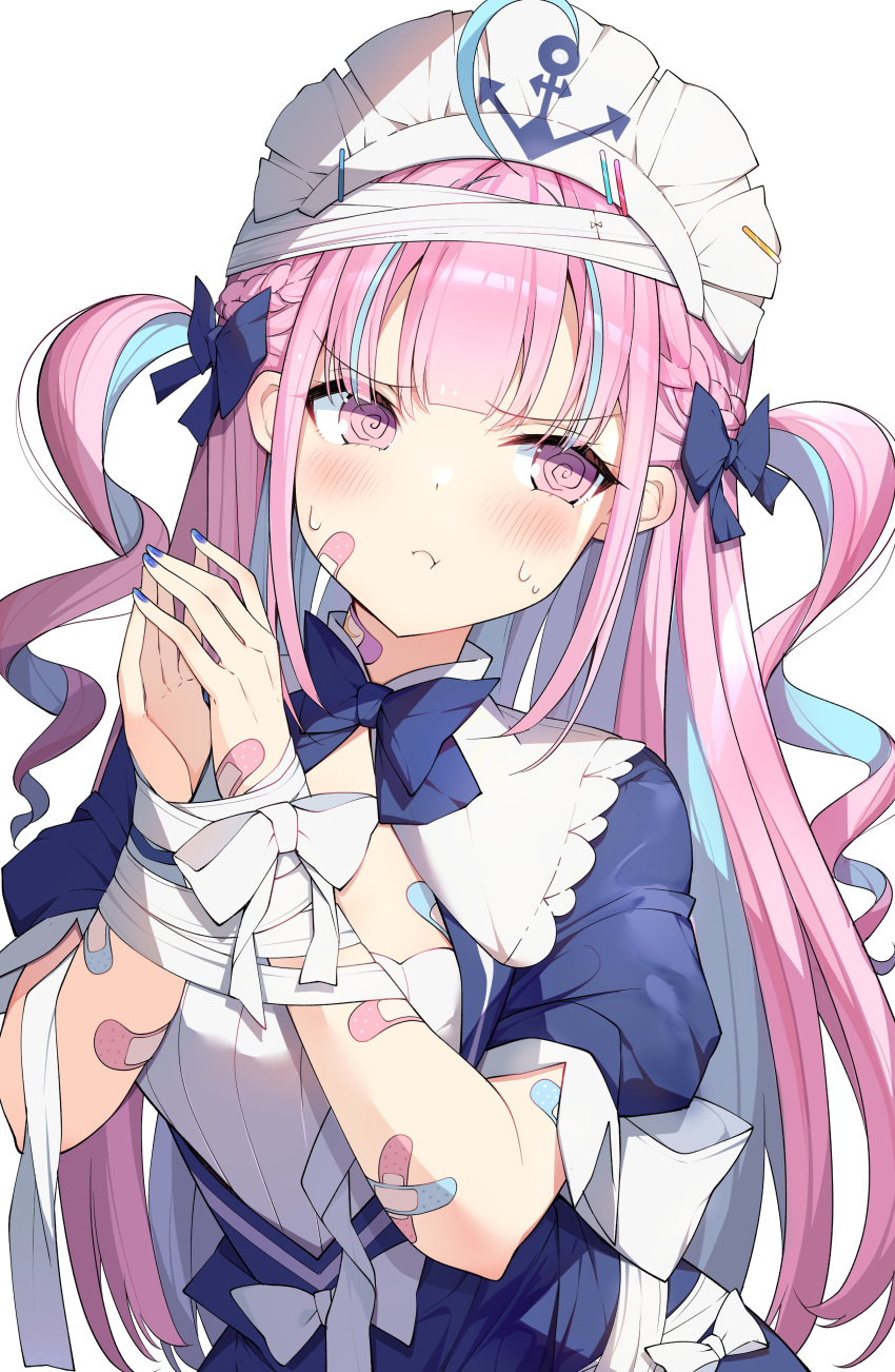 1girl :t @_@ absurdres anchor_symbol bandaid bandaid_on_arm bandaid_on_face bandaid_on_hand bandaid_on_neck bangs blue_bow blue_dress blue_hair blue_nails blue_neckwear blush bound bound_wrists bow bowtie braid colored_inner_hair commentary darjeeling_(reley) dress drill_hair eyebrows_visible_through_hair framed_breasts frown hair_bow hands_up highres hololive looking_at_viewer maid_headdress minato_aqua multicolored_hair nail_polish pink_eyes pink_hair puffy_short_sleeves puffy_sleeves ribbon short_sleeves simple_background solo twin_drills two-tone_hair two_side_up upper_body virtual_youtuber white_background white_headwear white_ribbon