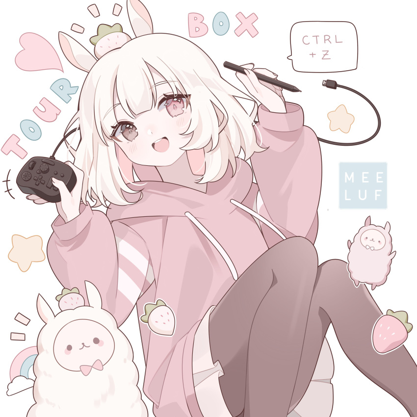 1girl :d absurdres alpaca animal animal_ears bangs blush brown_eyes brown_hoodie brown_legwear commentary controller drawstring english_commentary eyebrows_visible_through_hair feet_out_of_frame food fruit game_controller hands_up heart heterochromia highres holding hood hood_down hoodie long_sleeves meelaffs notice_lines open_mouth original pantyhose pleated_skirt puffy_long_sleeves puffy_sleeves rabbit_ears red_eyes skirt smile solo speech_bubble star_(symbol) strawberry upper_teeth white_background white_skirt